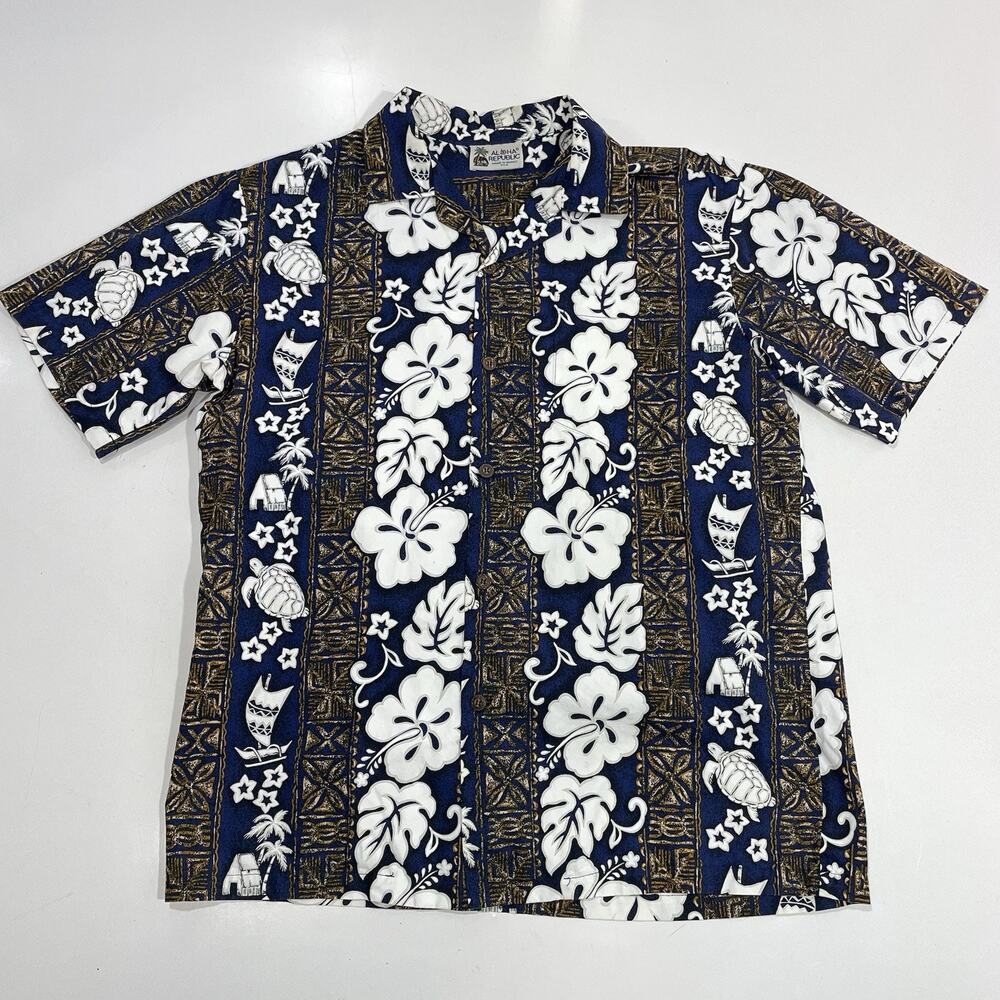 Aloha Republic Hawaiian Shirt Men’s Med Blue White Hibiscus Floral Sea Turtle